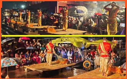 বেনারসের দশাশ্বমেধ ঘাটে উপচে পড়া ভিড়! গঙ্গার বুকে লঞ্চে বসে সন্ধ্যারতি দর্শনে মুগ্ধ দেশ-বিদেশের পর্যটকরা।